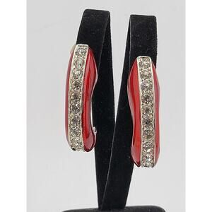 Vintage Red Enamel Rhinestone Clip Earrings Silver Tone Curved Statement